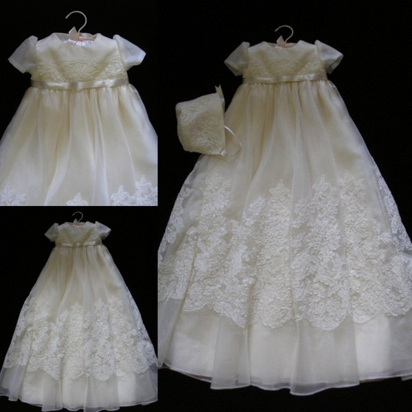 New Ivory Christening Gowns For Baby Girls Jewel Neck Lace Appliqued Baptism Dresses Flower Girls Dress For Weddings With Bonnet