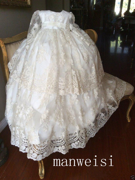 Chic Long Sleeve Christening Gowns For Baby Girls Lace Appliqued Beads Baptism Dresses With Bonnet First Communication Dress