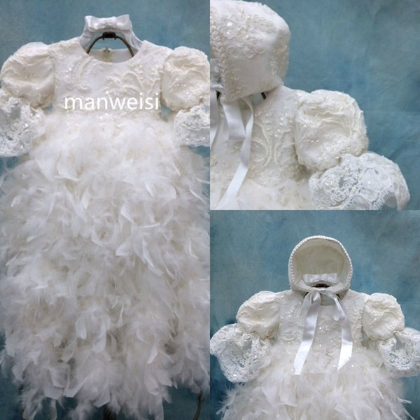 Luxury Christening Dresses Feather Sequins Infant Toddler Baptism Baby Long Gowns Flower Girls Kid First Communication Dress