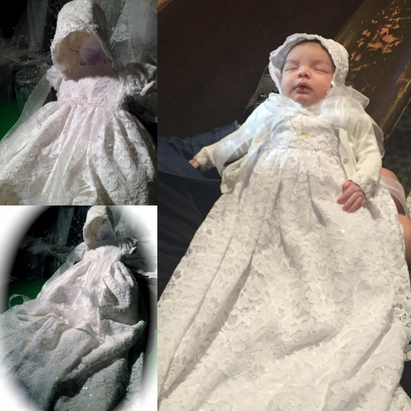 Hot Sale Lace Christening Gowns For Baby Girls Long Sleeve Applique Baptism Dresses Flower Girls Dress For Weddings With Bonnet