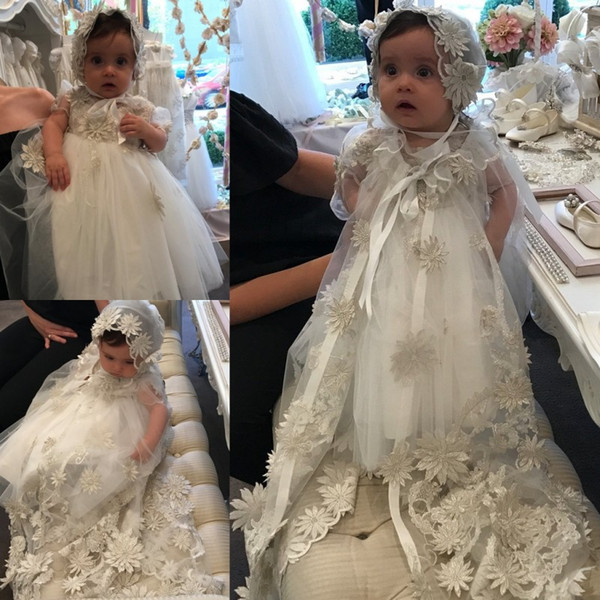 Cheap New Christening Gowns For Baby Girls With Long Sleeves Jacket Lace Baptism Dresses With Bonnet First Communication Dress