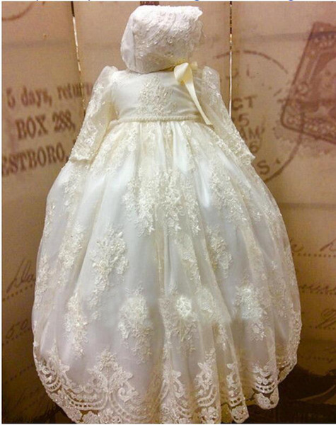 Classy Pearls Christening Gowns For Baby Girls Long Sleeve Lace Appliqued Baptism Dresses With Bonnet First Communication Dress