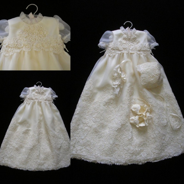 Cheap Christening Gowns For Baby Girls Jewel Neck Lace Appliqued Beads Baptism Dresses Flower Girls Dress For Weddings With Bonnet