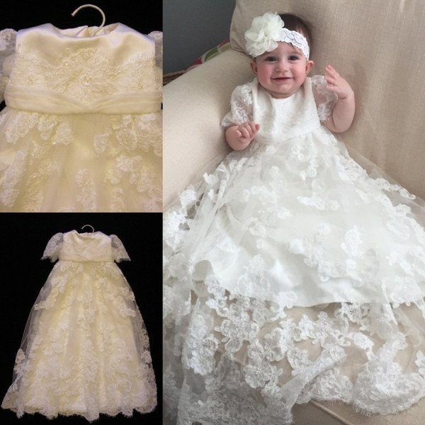 Beads Long Christening Gowns For Baby Girls Jewel Neck Lace Appliqued Baptism Dresses Flower Girls Dress For Weddings With Bonnet