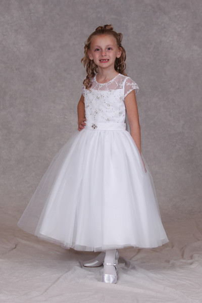 White Lovely First Holy Communion Dresses Ankle Length Jewel Neck Embroidery Bodice Sequins Beaded Short Sleeve Holy Communion Gowns