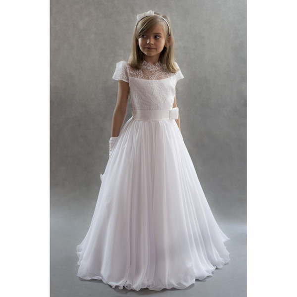 Hot Sale Charming Girls Holy Communion Gowns Ivory Chiffon High Neck Lace Bodice Short Sleeve Long Holy Communion Dresses