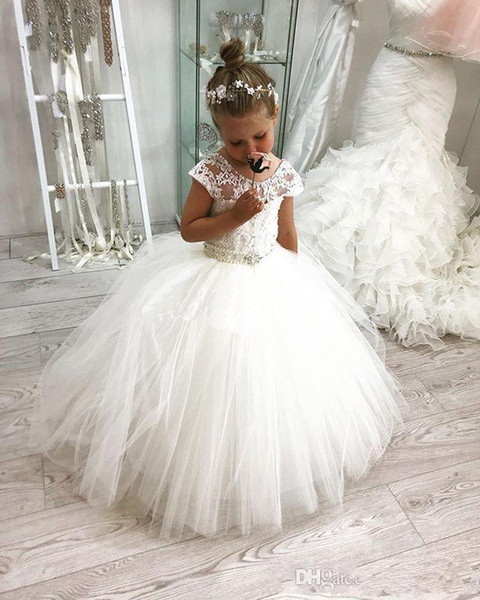 Custom Made Lovely Girls Holy Communion Gowns Tulle Lace Applique Beads Bodice Cap Sleeves With Bare Back White Holy Communion Dresses