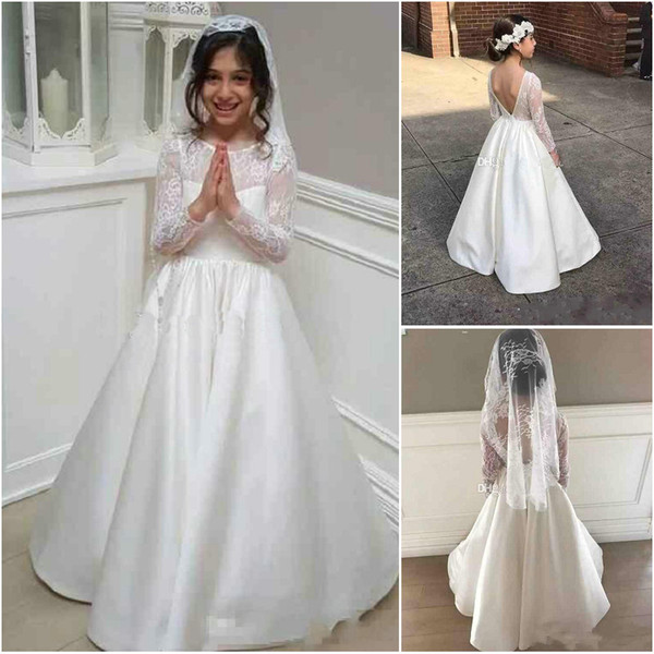 Custom Made Charming Girls Holy Communion Gowns Lace Bodice Satin Skirt Backless Long Sleeve Kids Wedding Dresses On Sale