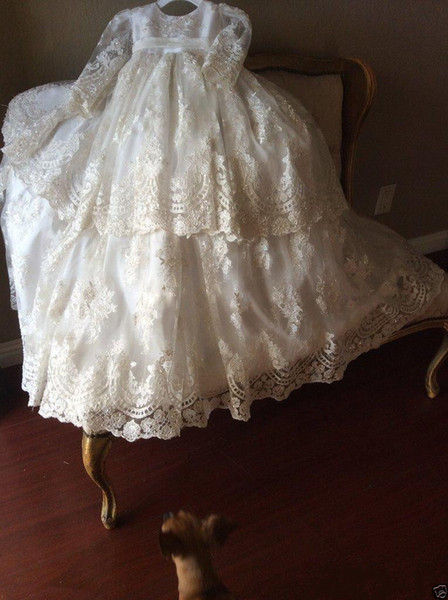 Vintage Christening Gown Long Sleeve Lace Antique Toddler Baby Baptism Dress Flower Girls Kid First Communication Dress