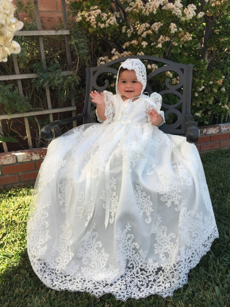 Best Selling Lace Christening Gowns For Baby Girls Jewel Neck Lace Appliqued Baptism Dresses First Communication Dress With Bonnet