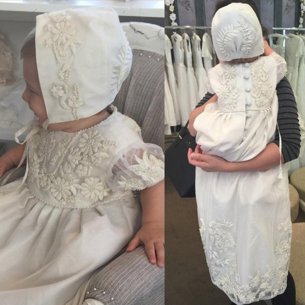 Elegant Latest Christening Gowns For Baby Girls Jewel Neck Beads Lace Appliqued Baptism Dresses Flower Girls Dress With Bonnet