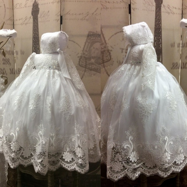 Lace Ball Gown Christening Gowns For Baby Girls Long Sleeves Appliqued Baptism Dresses With Bonnet Communication Flower Girls Dress