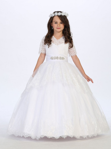 Princess Girls Lace Holy Communion Gowns V Neck Short Sleeve Beaded Belt Ivory Holy Communion Dresses Party Ball Gowns