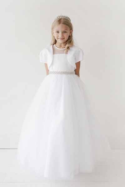 Hot Sale White Holy Communion Gowns With Jacket Tulle Beaded Belt Illusion Jewel Neckline Holy Communion Dresses For Sale