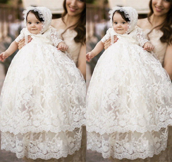 First Communion Dresses Jewel Two Layer Bow Lace Applique Half Sleeves Baptism Outfits Formal Infant Girl Wear With Bonnet