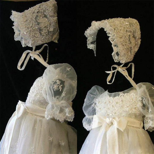 First Communion Dresses Full Sequins Lace Applique Edge Ankle Length Short Sleeves Baptism Outfits Formal Infant Girl Wear With Bonnet