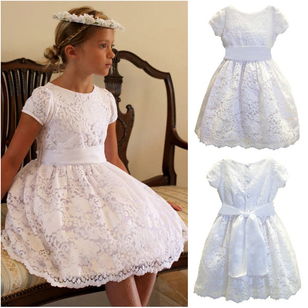 High Quality Lace Girls Holy Communion Gowns Tea Length Jewel Neck Short Sleeves Bow Belt Buttons Back White Kids Party Dresses