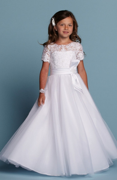 New Arrival Designer Holy Communion Gowns White Lace Applique Bodice Bow Sash Beaded Short Sleeve Holy Communion Dresses