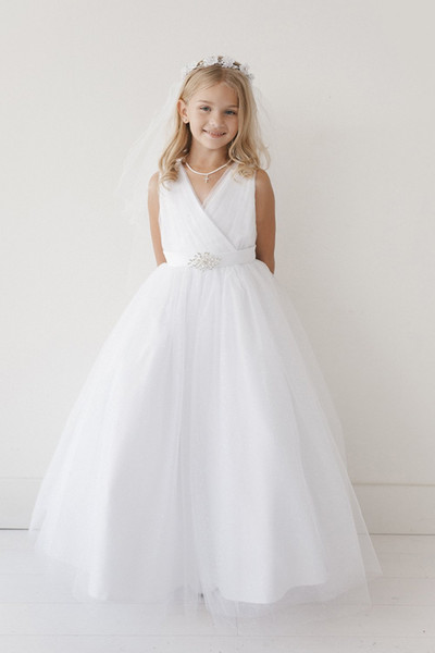 New Arrival White Holy Communion Gowns A Line Tulle V Neckline Beaded Belt Pleating Long Holy Communion Dresses For Sale