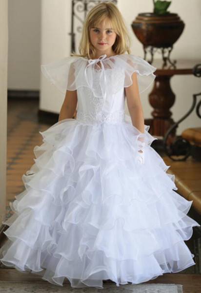 Designer High Quality White Holy Communion Gowns With Shawl Square Neck Beading Bodice Layered Ruffles Holy Communion Dresses