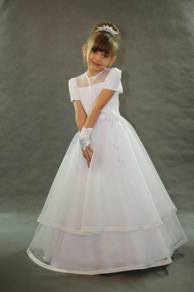 Designer Short Sleeve Holy Communion Gowns Lovely Ivory Organza Illusion Neckline Satin Edge Skirt Flowers Holy Communion Dresses