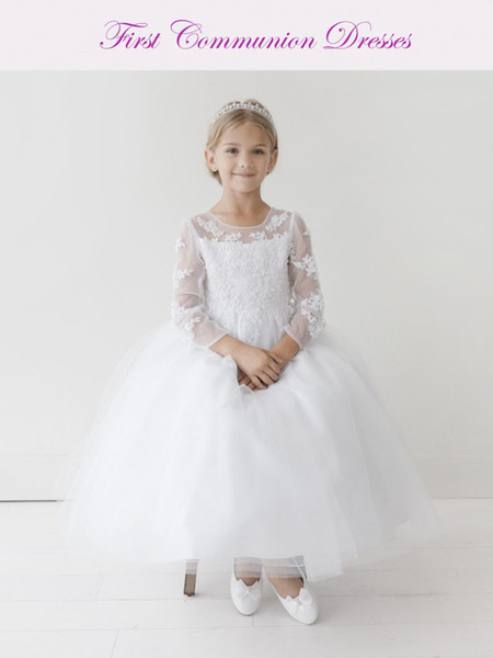 Latest Charming Ivory Long Sleeve Girls Holy Communion Gowns Tulle Illusion Jewel Neck Applique Beaded Holy Communion Dresses