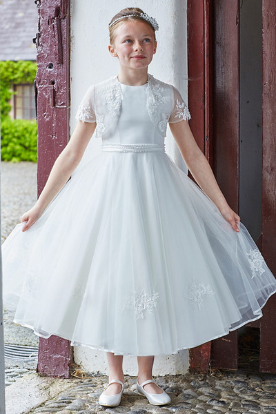 New Arrival White Girls Holy Communion Gowns With Bolero Organza Jewel Neck Applique Beaded Tea Length Holy Communion Dresses