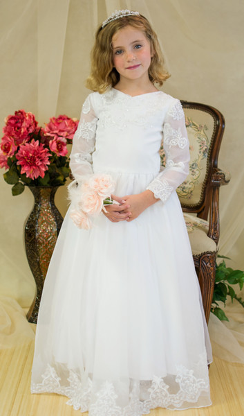 Charming Girls Long Sleeve Holy Communion Gowns Organza Applique Beaded Full Length Ivory Holy Communion Dresses On Sale