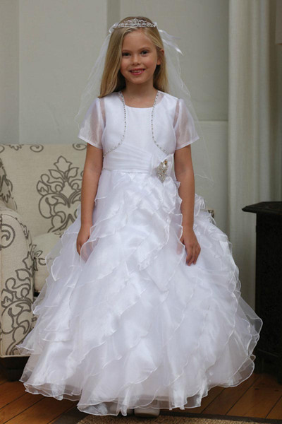 White Lovely Ball Gown First Holy Communion Dresses With Jacket Organza Jewel Neck Bow Beaded Tiered Skirt Holy Communion Gowns