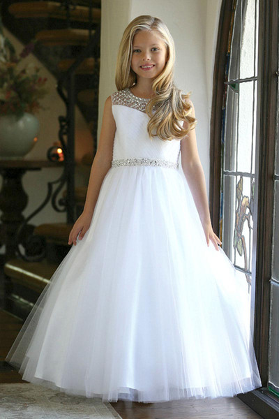 Lovely White First Holy Communion Dresses Tulle Illusion Beaded Neckline Beaded Belt Pleated Long Holy Communion Gowns