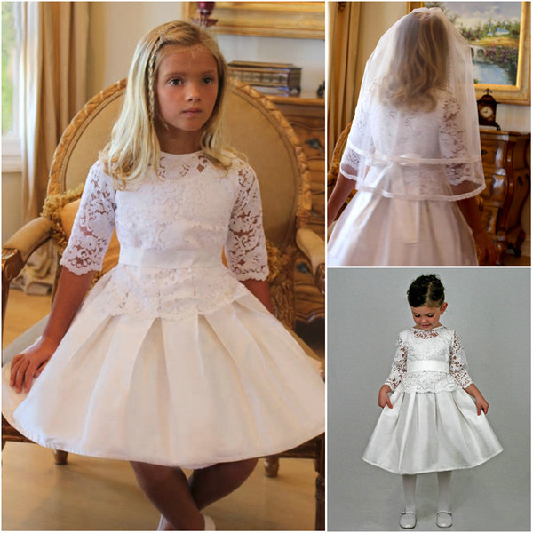 Lovely Lace Bodice Girls Holy Communion Gowns Taffeta Skirt Half Sleeves Bow Belt Buttons Back Tea Length Girls Dresses