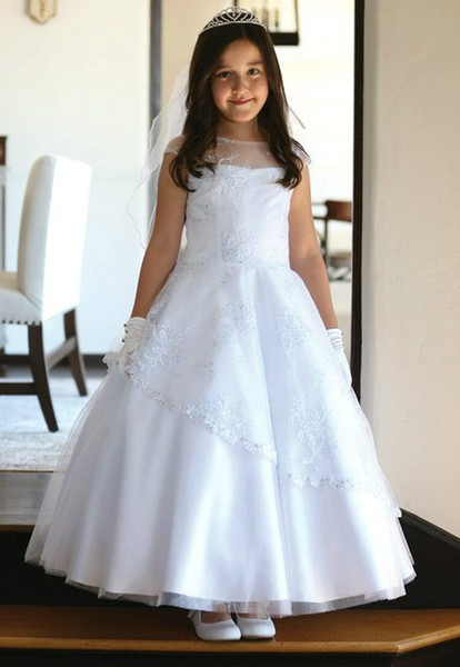 Princess Ivory First Holy Communion Dresses Illusion Neckline Cap Sleeves Lace Overlay Sequins Irish Holy Communion Gowns