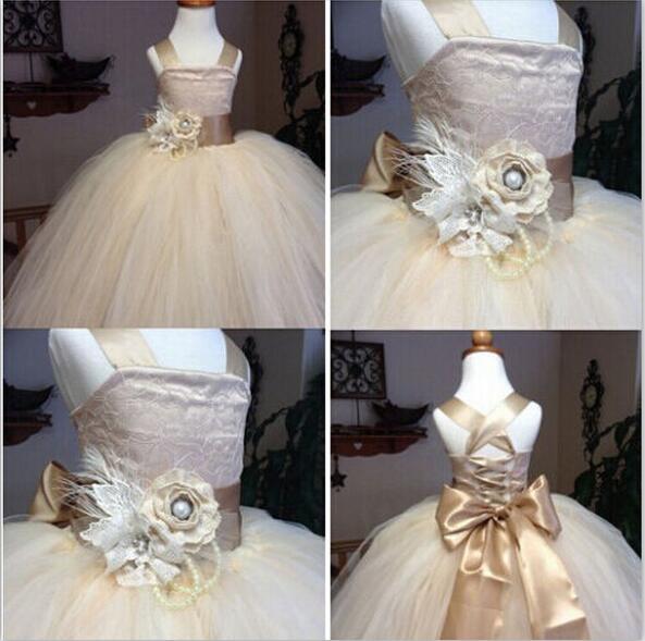 2016 New Lace Flower Girl Dress with Flower Ball Gown Party Dress Pageant Dress for Little Girls Kids/Children Dress for Wedding