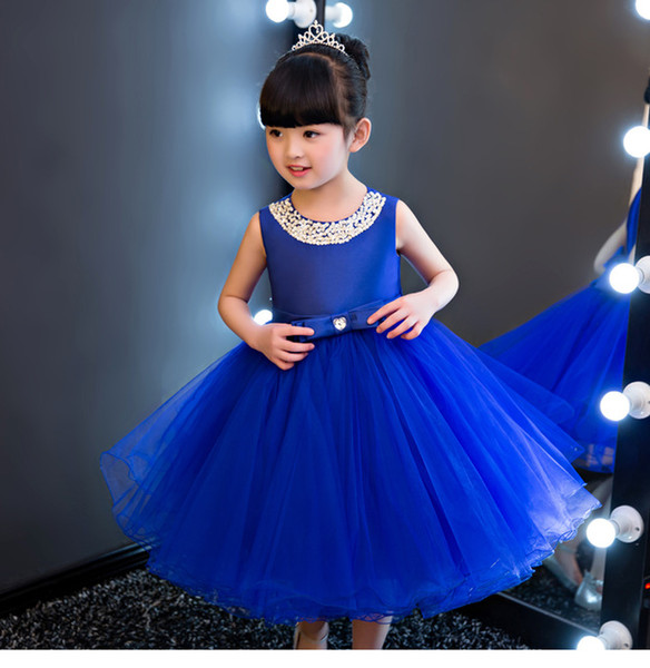 Glizt Royal blue Kids Girls Party Wedding flower girl Dress Baby Girl Dress Bead Bow Prom Formal Dress First Communion Gown