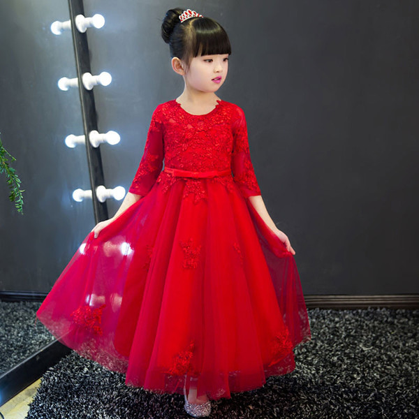 2017 Appliques Red Tulle Flower Girl Dress Ankle Length Princess Ball Gown Party Wedding Dress First Communion Dresses for Girl