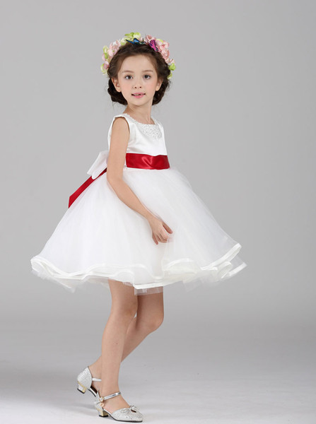 2016 Elegant Summer Girl White Chiffon Dresses Children Party Dress Princess Tutu Girl Wedding Party With 3 Colors Ribbons Birthday