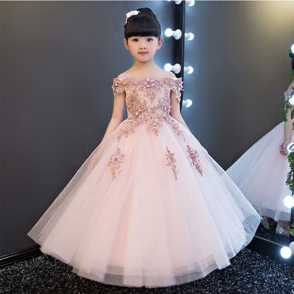 Glizt Girls Shoulderless Flower Wedding Dress Bead Appliques Party Tulle Princess Birthday Dress First Communion Gown for Girls