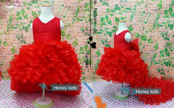 Flower Girl Dresses Red Chiffon Tailing pageant dresses Girl Summer Dresses For Weddings Party Birthday Dress with Big Bow