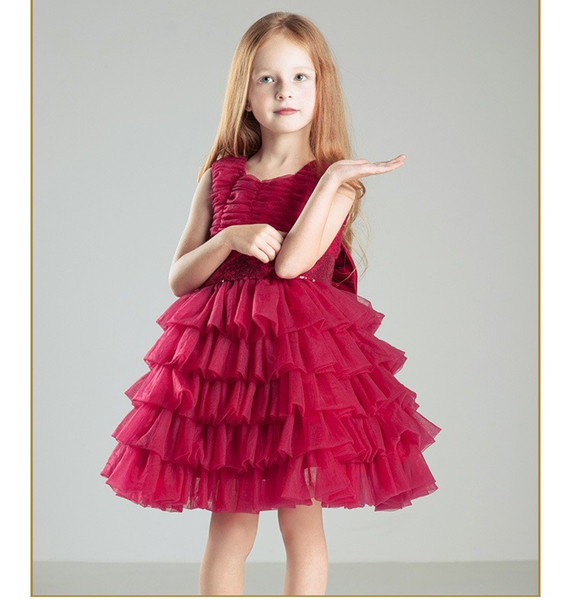 Elegant Red Sequin Bow Belt Chiffon Baptism Christening Gown,Flowers Girls Dresses Big Bow Princess Tutu Birthday Dresses For Wedding