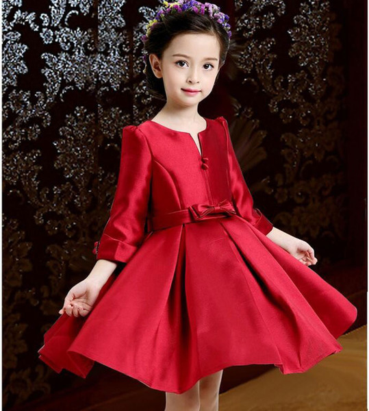 High Quality Girl Red Wedding Dress Spring Autumn Long Sleeve Cotton Dress with Big Bow and Flowers, Children's Elegance Pleated Dress