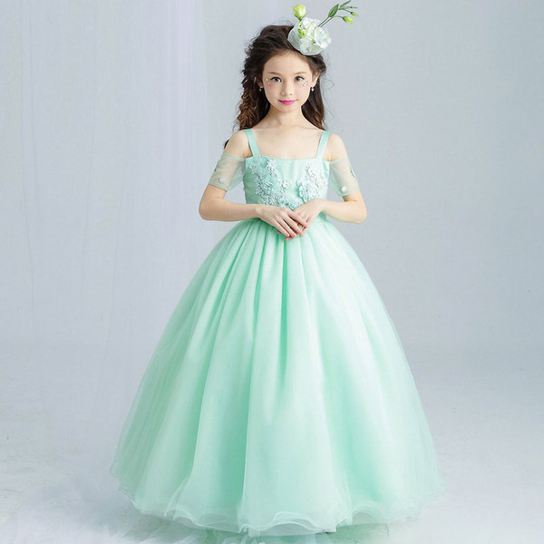 Mint Green Elegant Tulle Lace Girl Wedding Dress Ankle Length Appliques Bead Kids Party Prom Dress First Communion Dresses