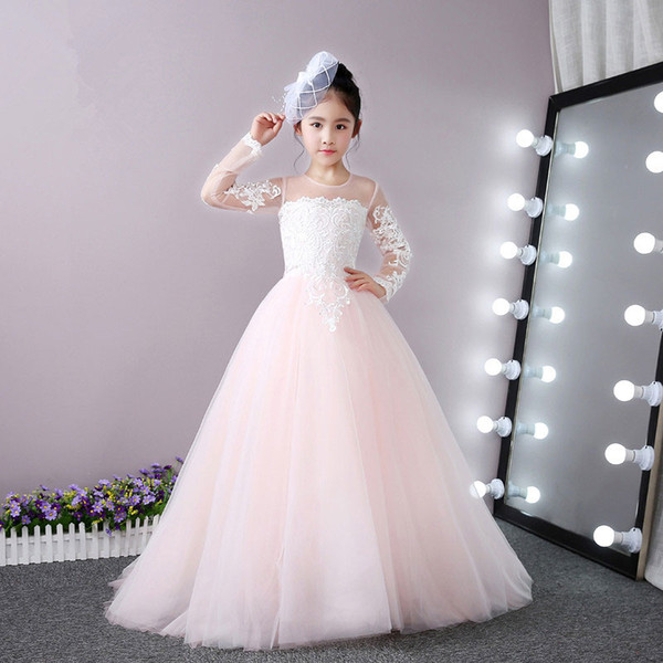 2017 Princess Pink Lace Flower Girl Dress Vestidos Trailing Kids Evening Ball Gown Party Pageant Dresses First Communion Gown