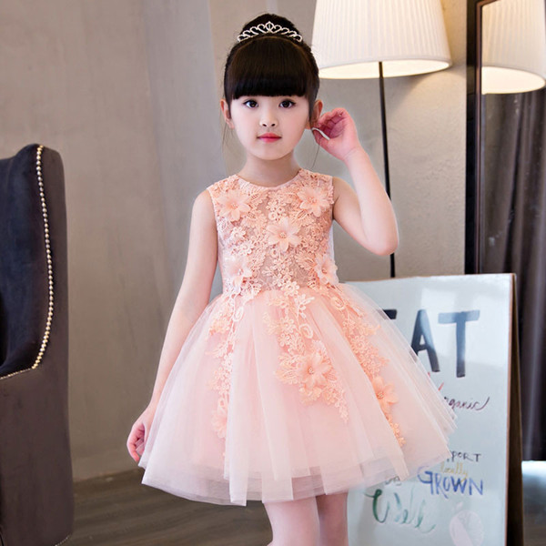 Fashion New Wedding Lace Tulle Flower Girl Dress Princess With Appliques Ball Gown Party Princess Birthday Kids Girls Vestido