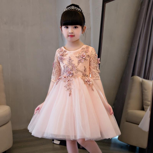 Elegant Flower Girl Dress For Weddings Appliques Tulle Evening Party Dresses Half Sleeve Baby Christening Dresses Prom Gown