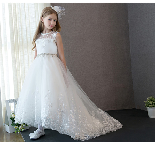 2017 Princess White Lace Flower Girl Dress Vestidos Long Trailing Kids Evening Ball Gown Party Pageant Dresses First Communion