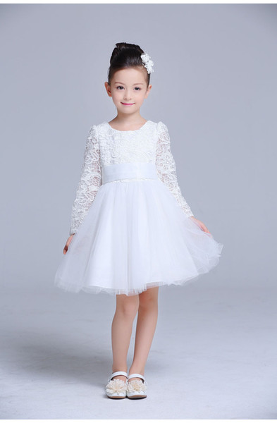 2015 new girls dress princess dress children party wear veil big bow flower girl wedding dress white rose baby girls 1-10 years