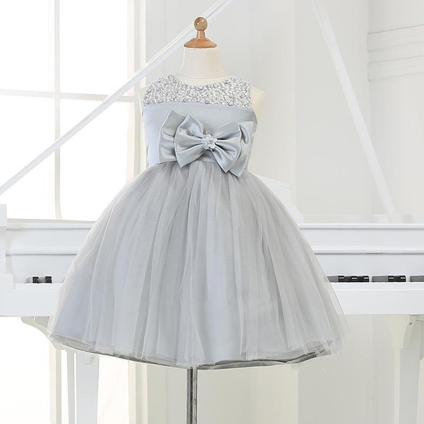 2015 Gray tulle Princess Girl Party Dresses Bead Appliques Tutu Wedding Dress for Christmas Birthday clothes 12M-12Y