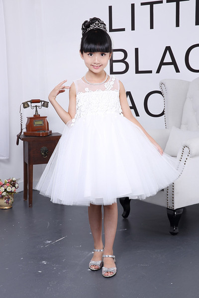 2015 New White Lace Tulle Flower Girl Dress Little Princess Communion Dresses Ball Gown Quality Girls Dress for Wedding Party