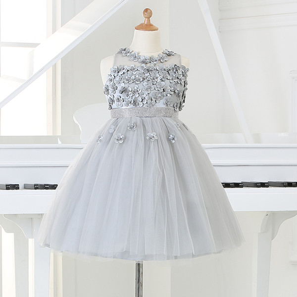 2015 Silver tulle Princess Girl Party Dresses Bead Appliques Tutu Wedding Dress for Christmas Kids Birthday clothes 12M-11Y