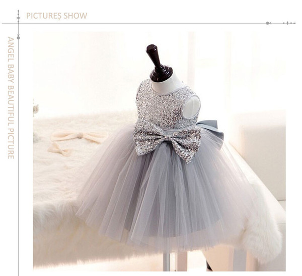 Top Quality Free shipping Silver Sequins Sleeveless Princess Girls Dress Kids Wedding Dress Bow Tutu Baptism Gown vestido batizado